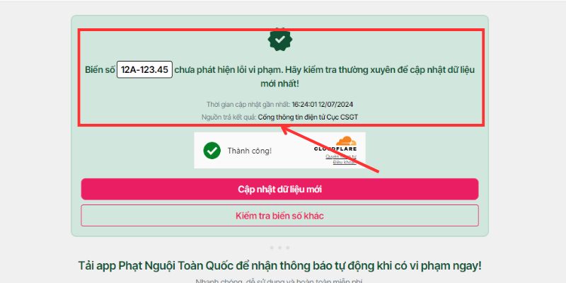 Website trả về kể quả phạt nguội