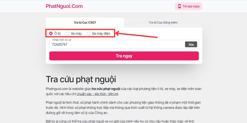 tra cứu trên website phatnguoi.com