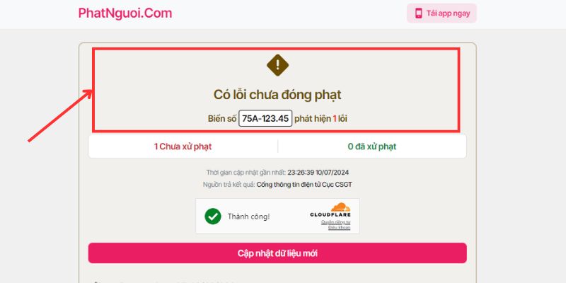 Tra cứu kết quả xe có lỗi vi phạm