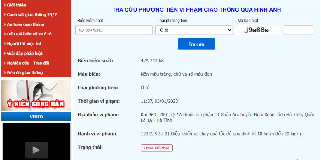 Hiển thị kết quả tra cứu phạt nguội