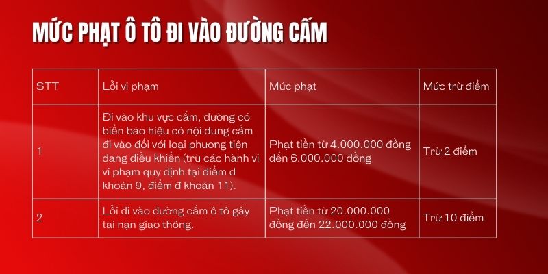 Mức phạt ô tô đi vào đường cấm