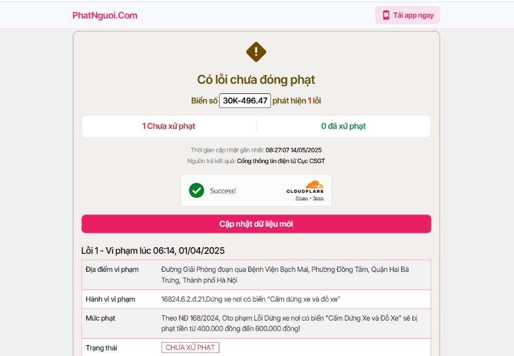 Ví dụ tra cứu phạt nguội tháng 4/2025