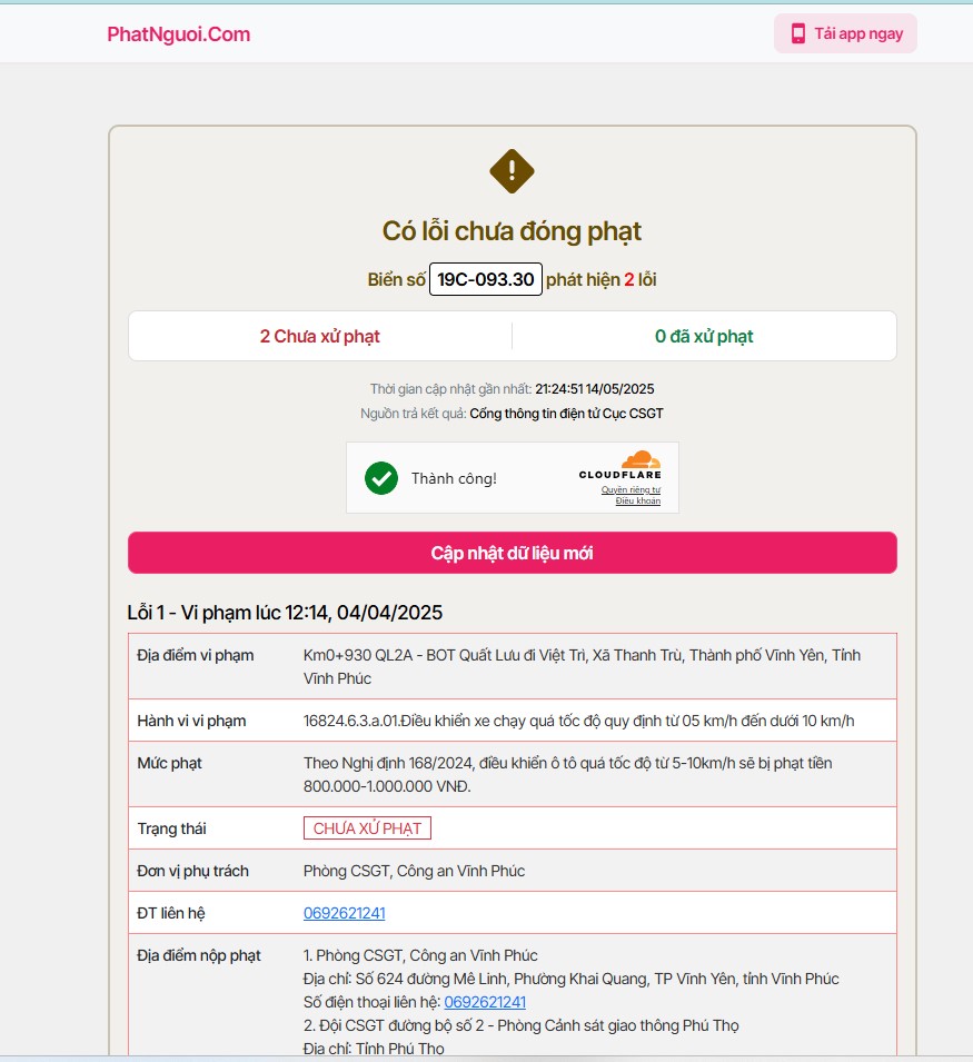 Tra cứu phạt nguội tại Vĩnh Phúc