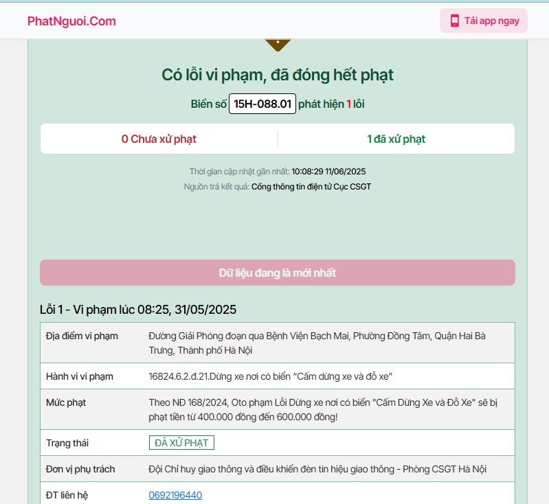 Kết quả tra cứu lỗi phạt nguội tháng 5