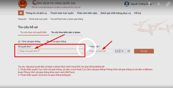 Nhập số quyết định xử phạt và mã bảo mật