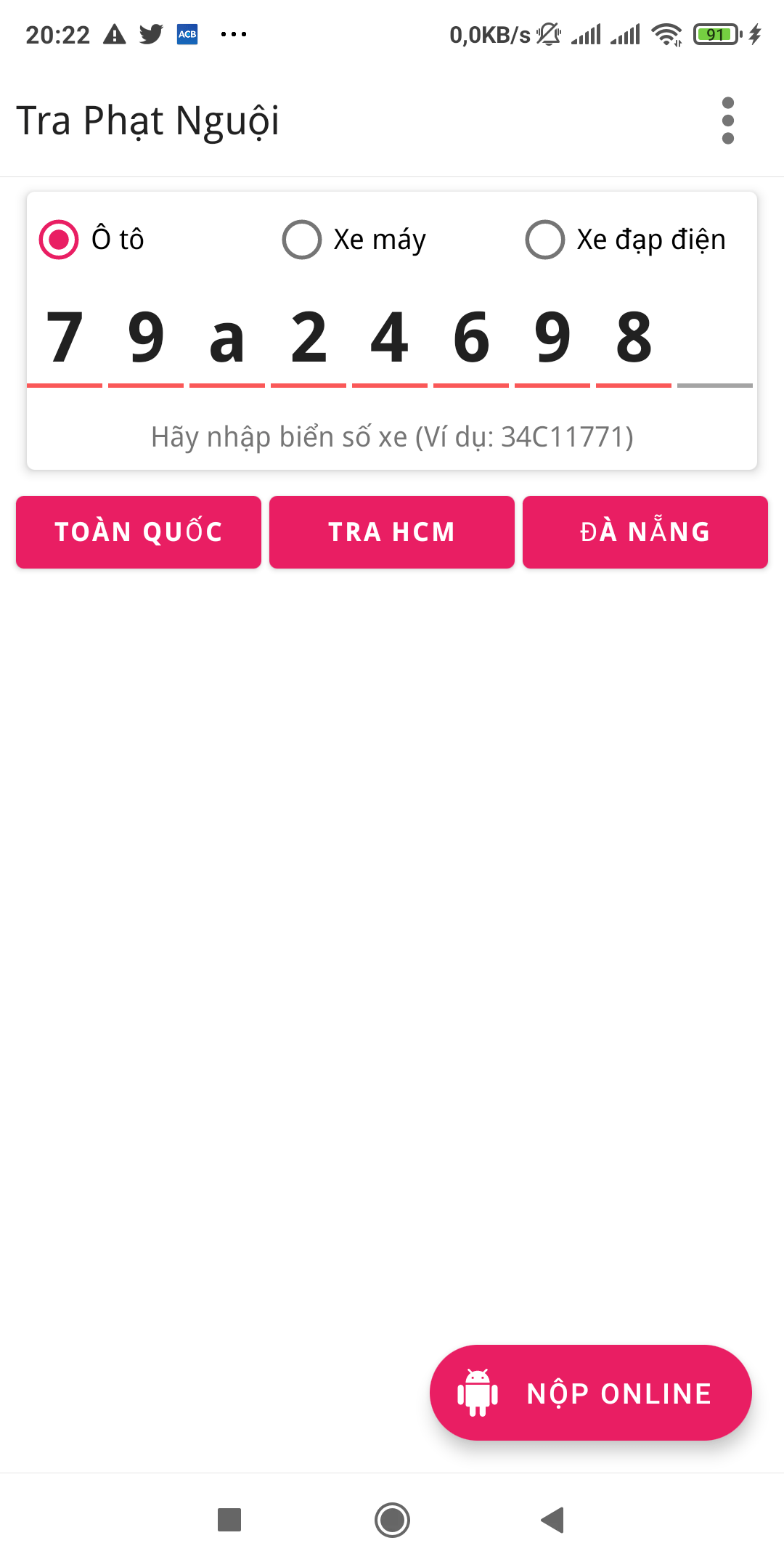 Giao diện ứng dụng tra cứu phạt nguội