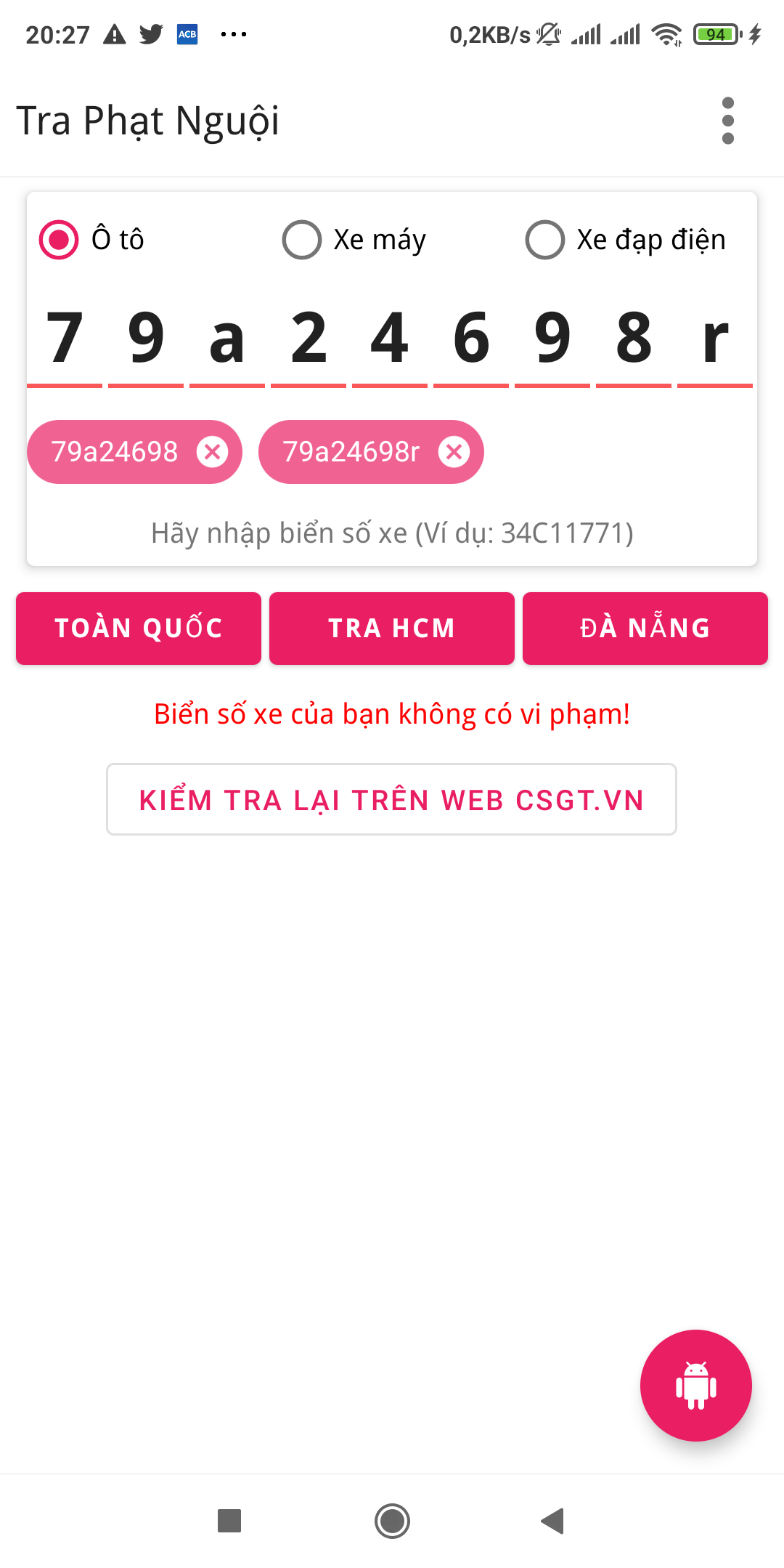 Ứng dụng — xe không vi phạm