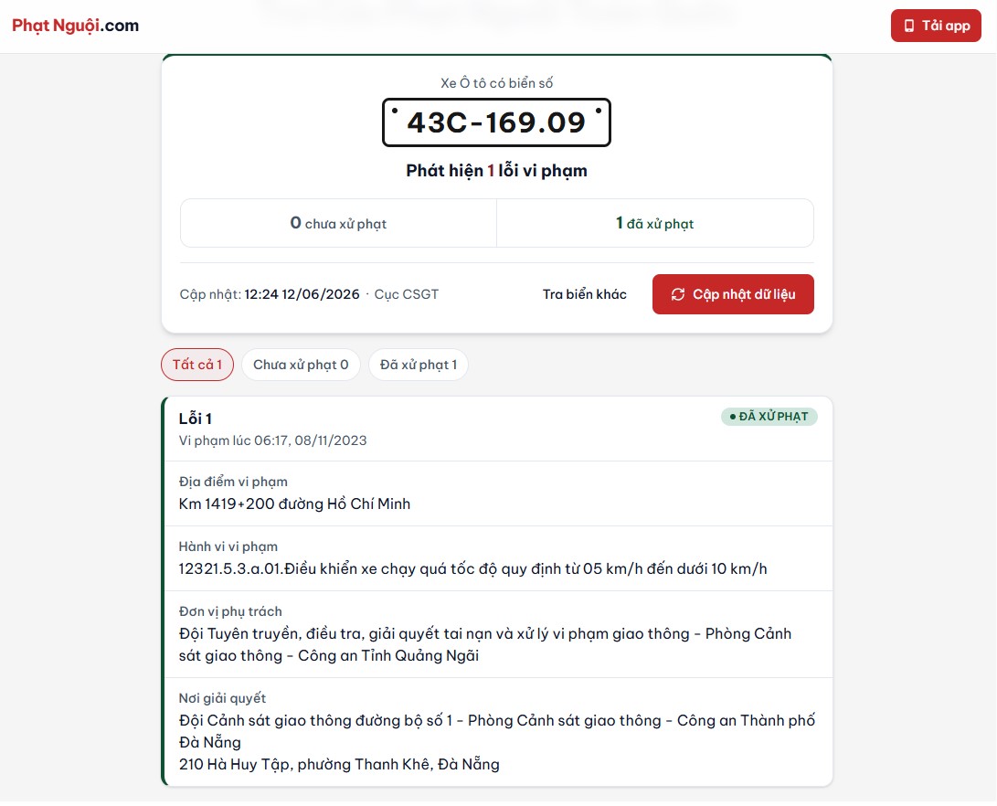 Kết quả hiển thị có lỗi phạt nguội trên phatnguoi.com