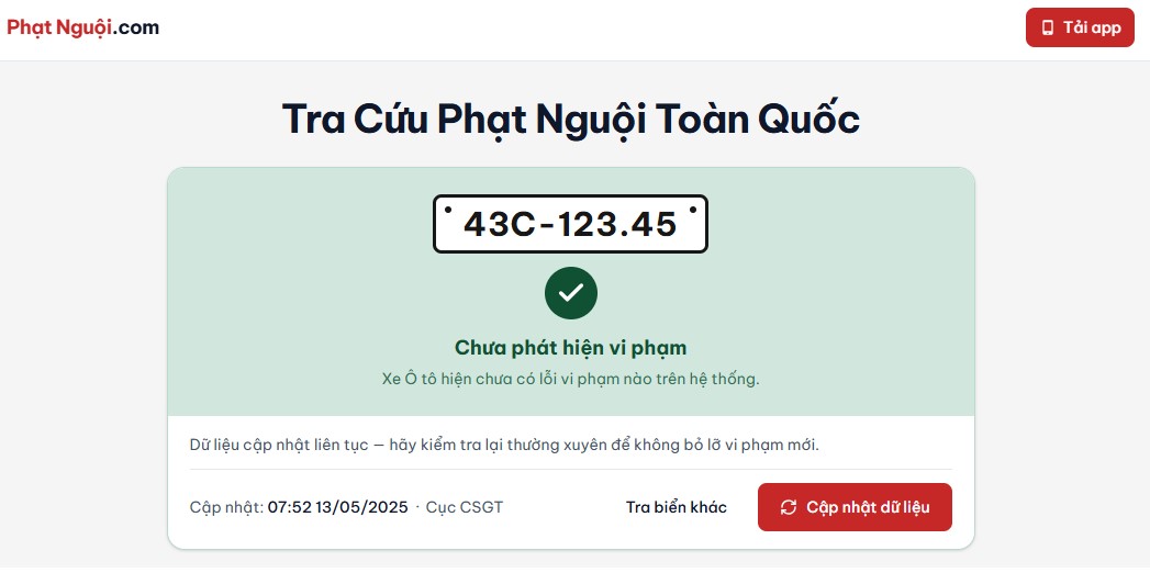 Hiển thị kết quả không bị phạt nguội trên phatnguoi.com