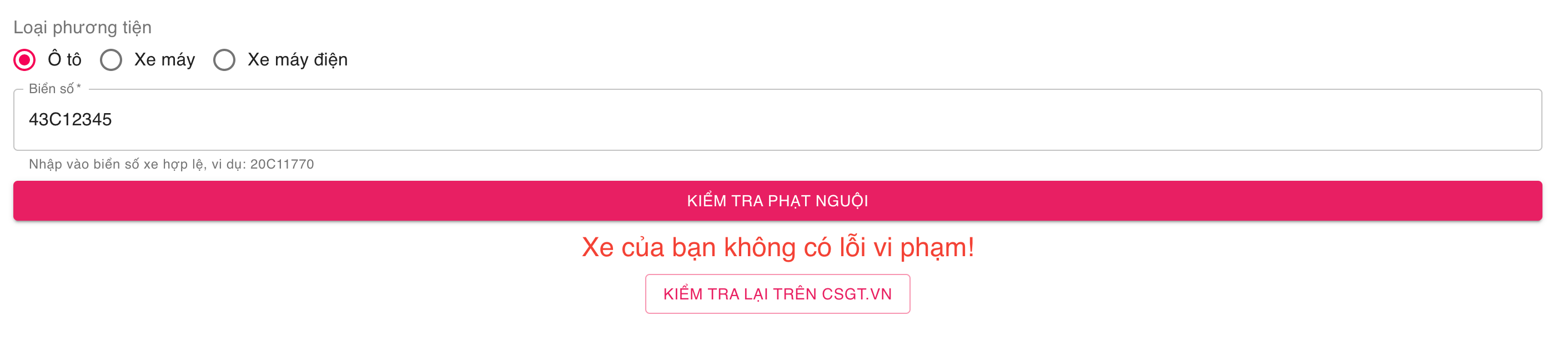 Xe không có lỗi vi phạm