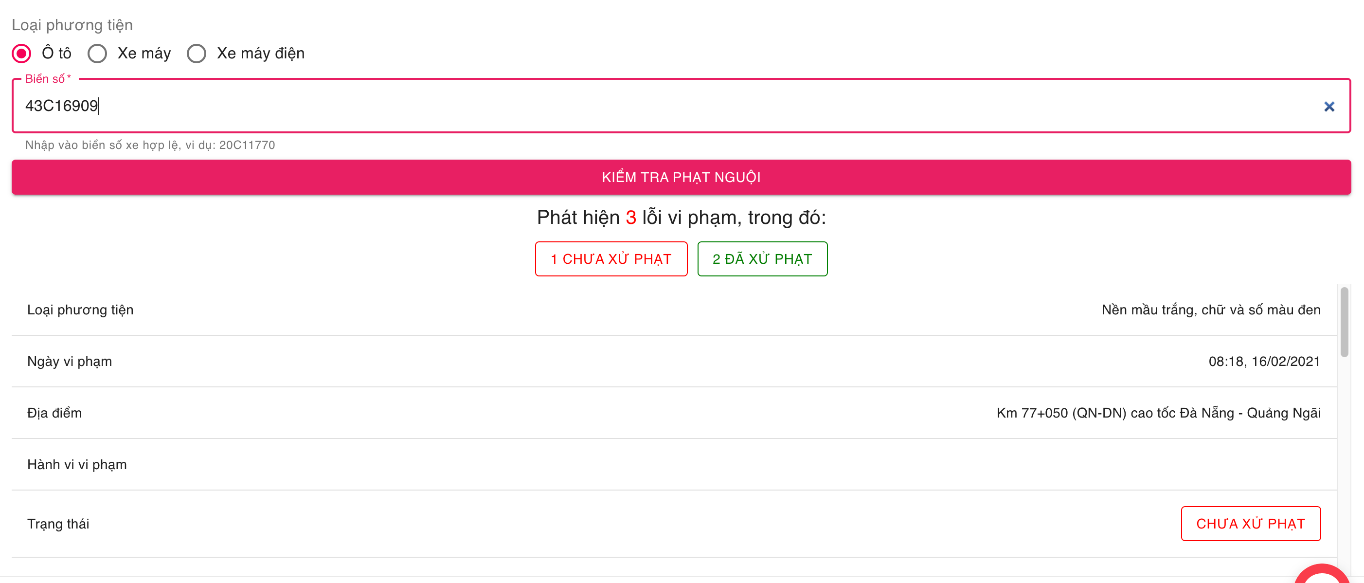 Xe có lỗi vi phạm